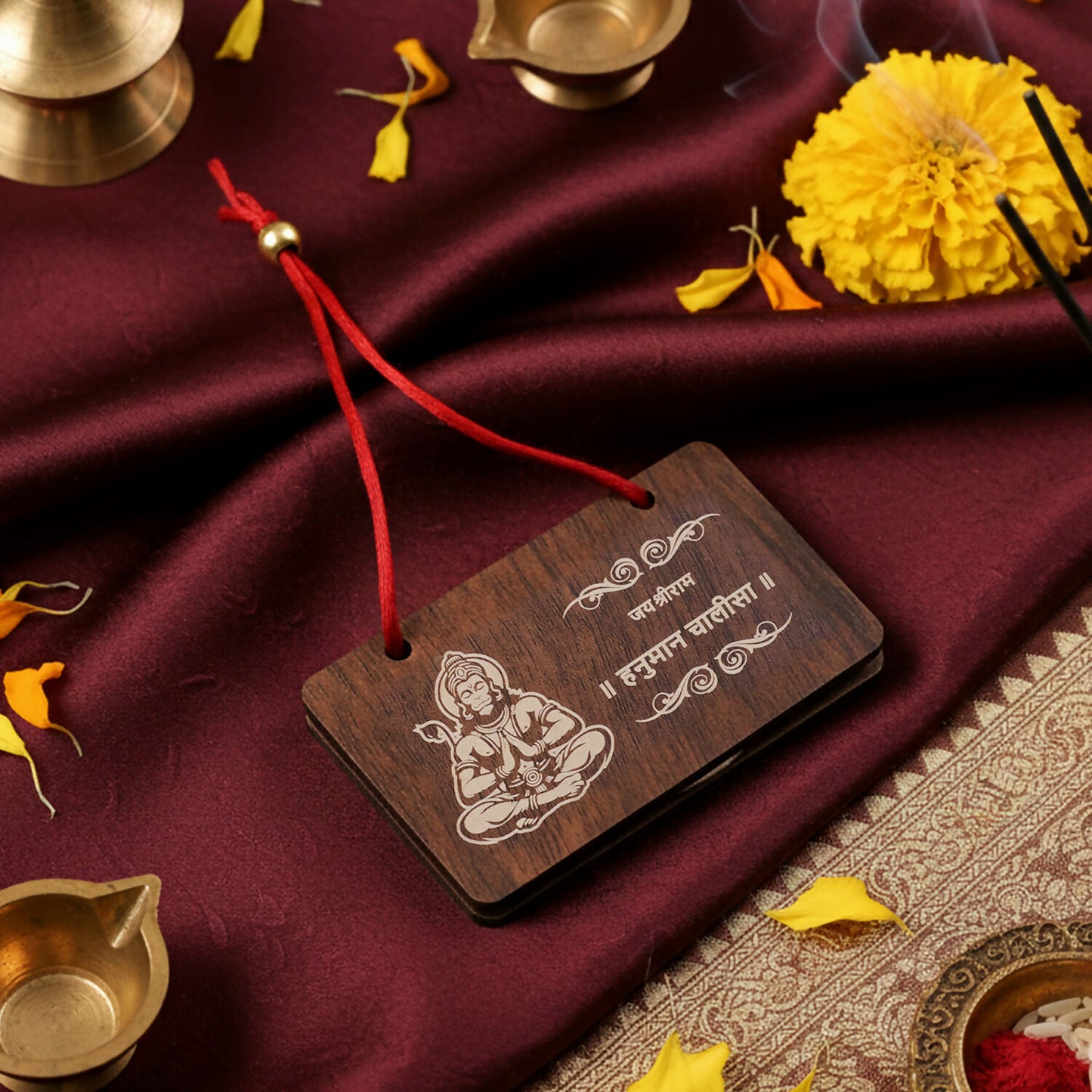 Wooden Hanuman Chalisa Prayer Book, Engraved Hindu Devotional Scripture for Home Temple