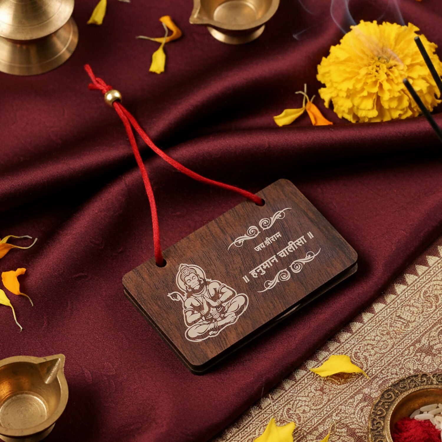 Wooden Hanuman Chalisa Prayer Book, Engraved Hindu Devotional Scripture for Home Temple