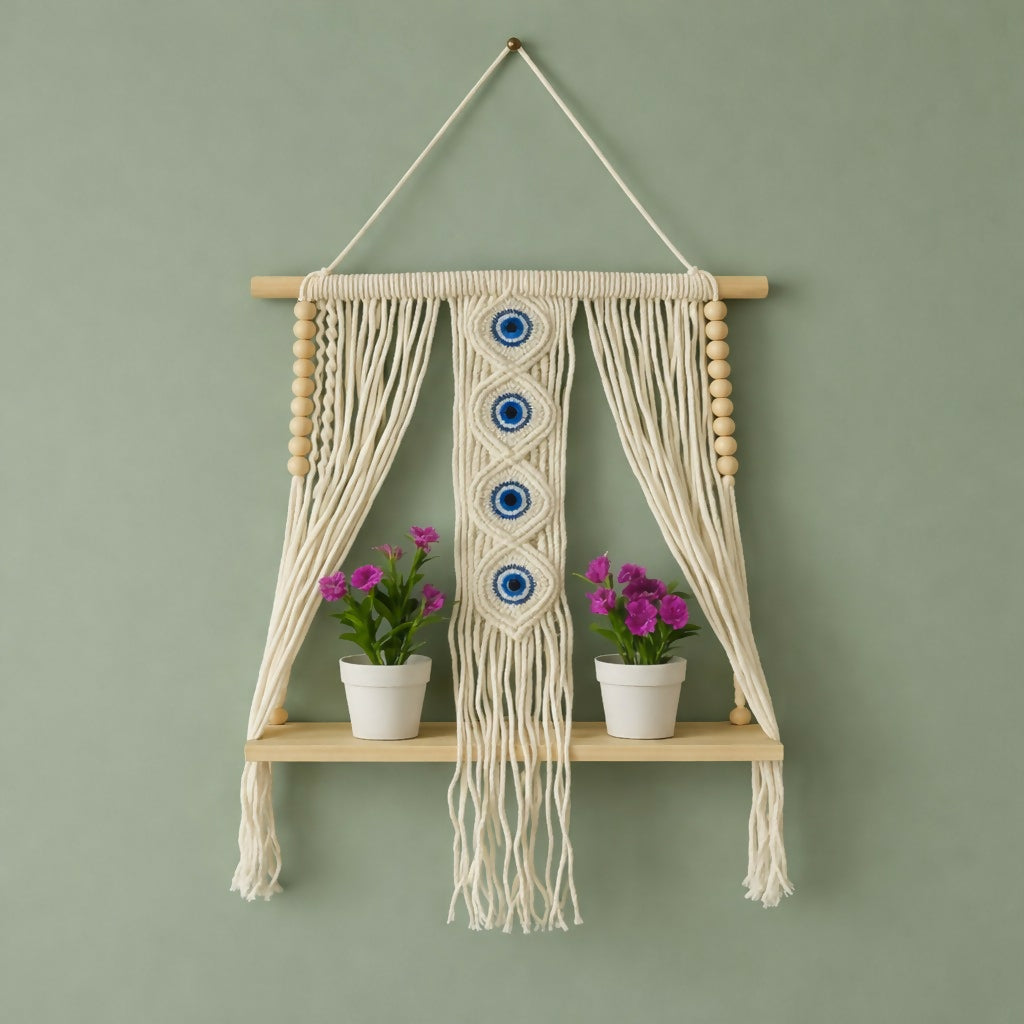 Macrame Wall Hanging Shelf with Evil Eye Decor for Home