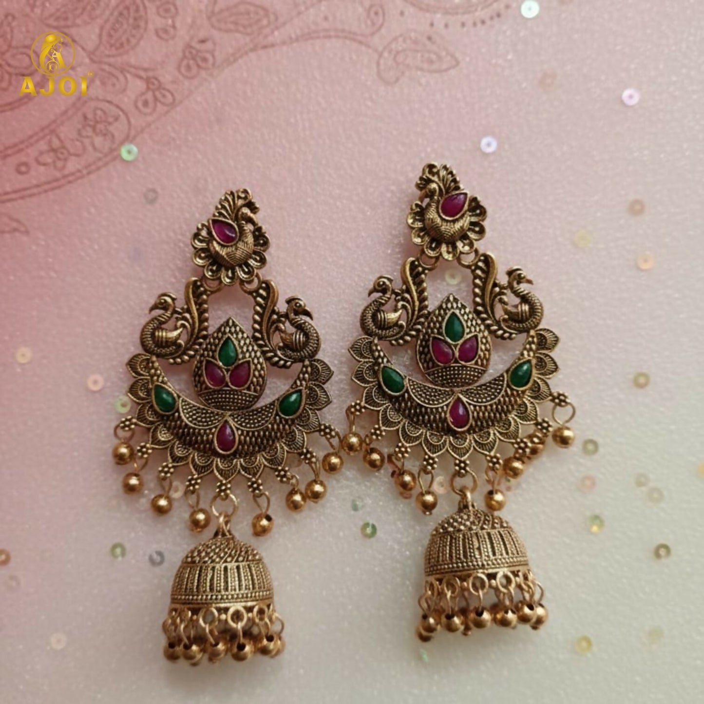Traditional style gold plated peacock earrings with jhumka drops