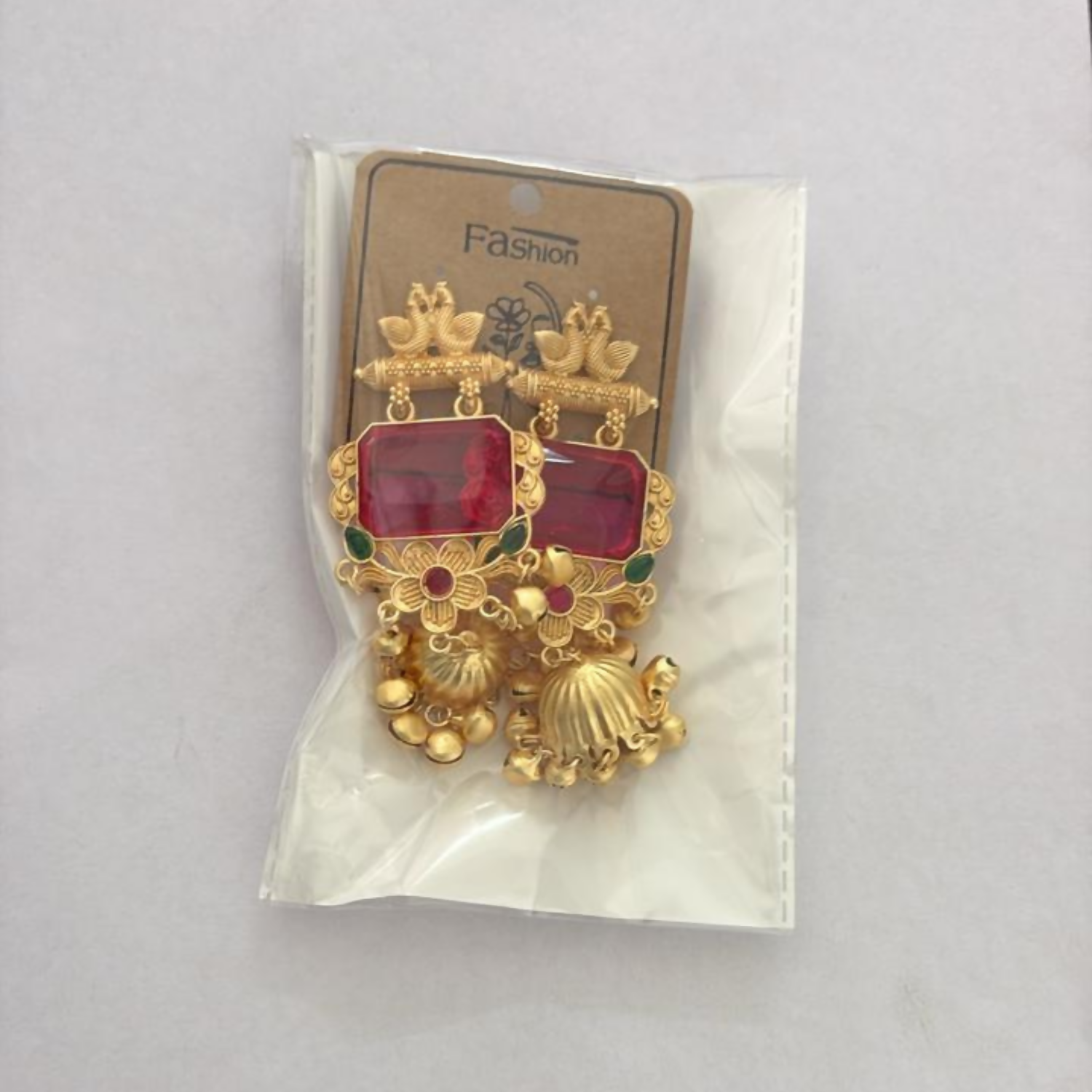 Royal Kashmiri Gold Peacock Jhumka Earrings with Ruby Red Stone & Floral Detailing