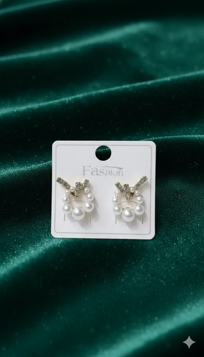 Korean Geometric Crystal Cross & Pearl Wreath Studs For Girls And Women