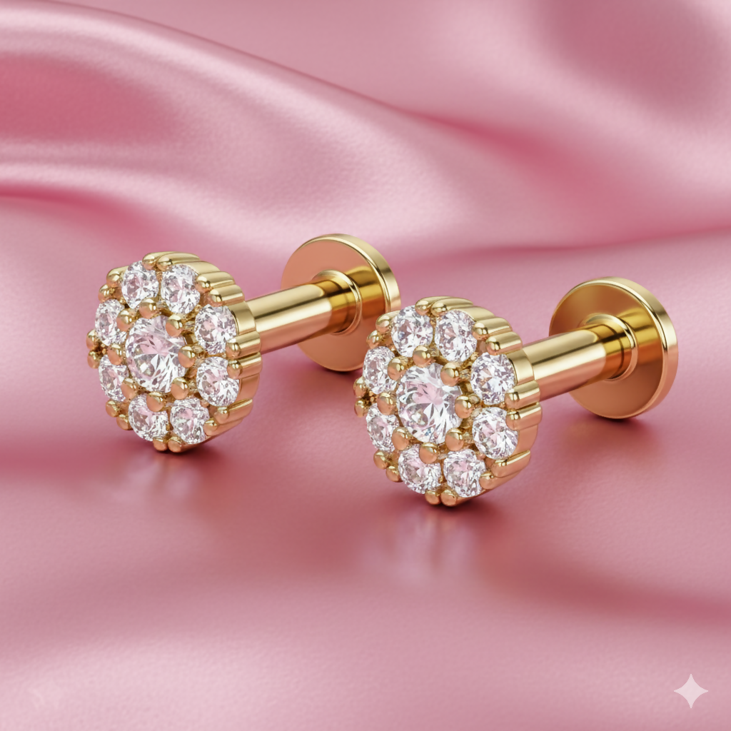 Diamond cluster flat back earrings in gold, featuring sparkling stones