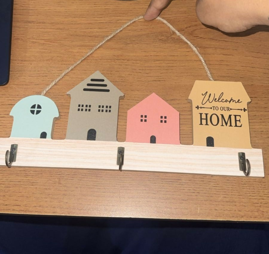 Wooden House Design Key Holder Wall Mount with 3 Hooks