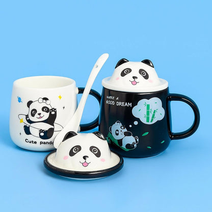 Pack of 1 Cute Panda Ceramic Mug with Lid & Spoon | Cartoon Panda Coffee & Milk Cup for Kids & Adults | Premium Quality Cartoon Mug for Home, Office, Gifting & Daily Use | Heat-Resistant, Easy-Grip Handle (Cute Panda Design)