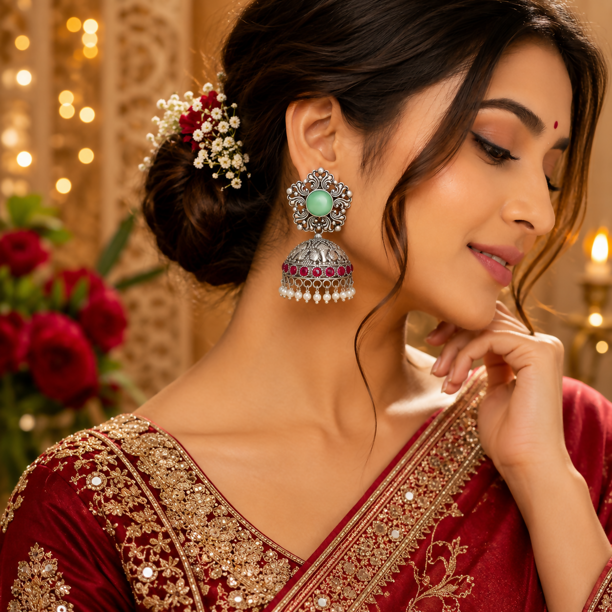 Close-up of oxidized silver jhumka earrings showing intricate design and pearl drops