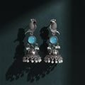 Oxidised Silver Peacock Jhumka Earrings with Sky Blue Stone and Pearl Drops Women