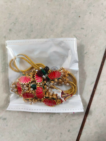 Gold Necklace with Green Red Lotus & White Beads Pendant for Women Stylish Jewelry