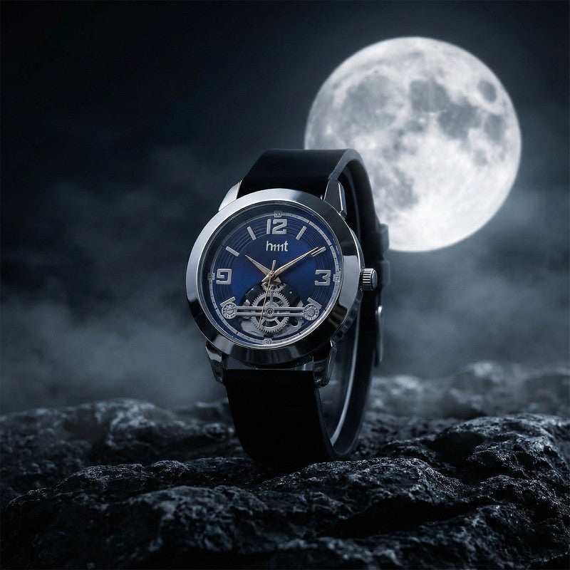 Stylish Analog Wrist Watch with Blue Dial, Black Silicone Strap & Open-Heart Mechanical Design