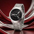 Silver Round Metal Strap Watch – Bold Black Dial for Men