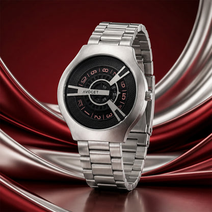 Silver round metal strap watch with bold black dial and modern numeric details