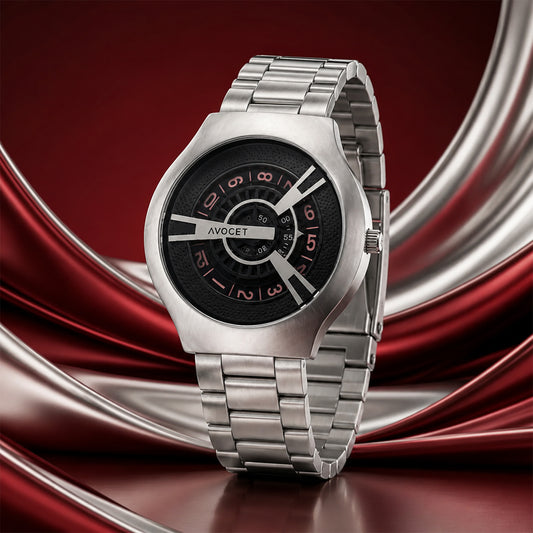 Silver Round Metal Strap Analog Watch with Bold Black Designer Dial