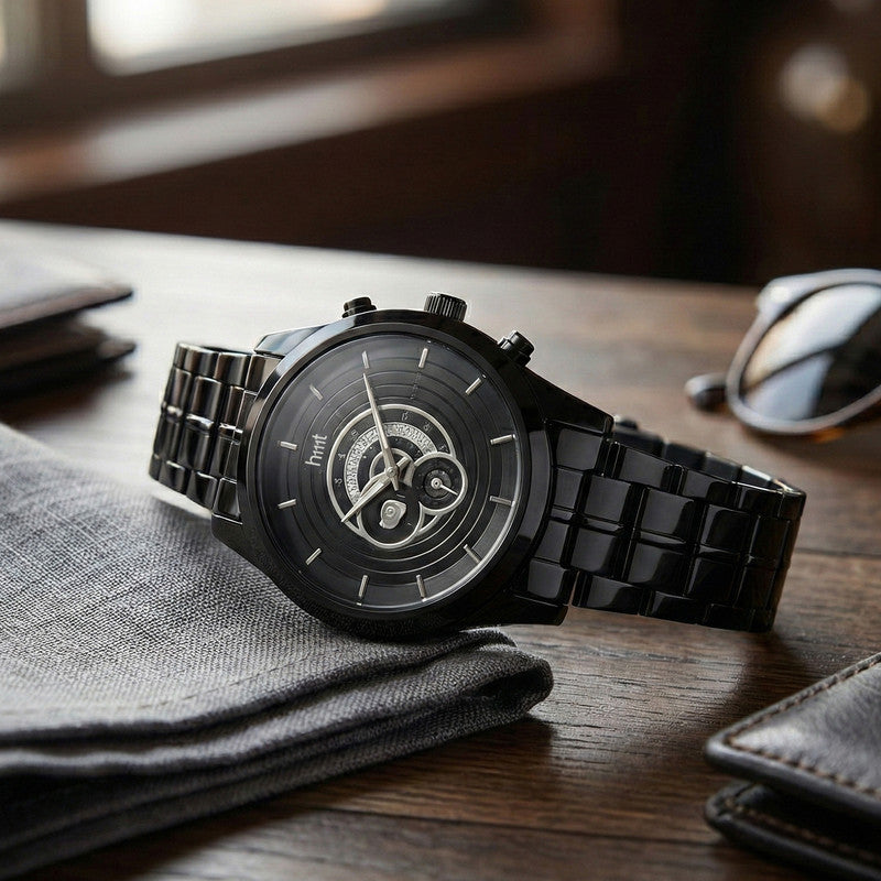 Luxury Analog Wrist Watch with Black Metal Strap & Multi-Layer Skeleton Dial Design