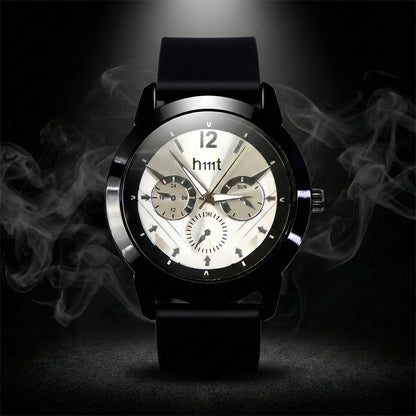 Premium Analog Wrist Watch with Silver Multi-Dial Face and Black Silicone Strap for Daily & Office Wear