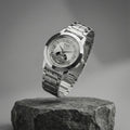 Men's Analog Watch – Elegant Open-Heart Dial & Silver Strap