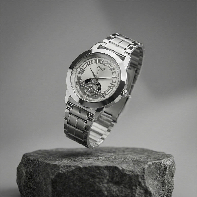 Elegant Analog Wrist Watch with Silver Metal Strap & Open-Heart Dial Design