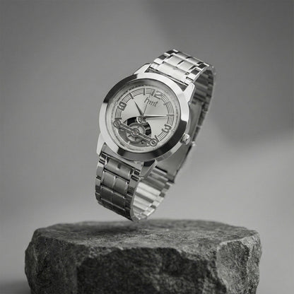 Elegant Analog Wrist Watch with Silver Metal Strap & Open-Heart Dial Design