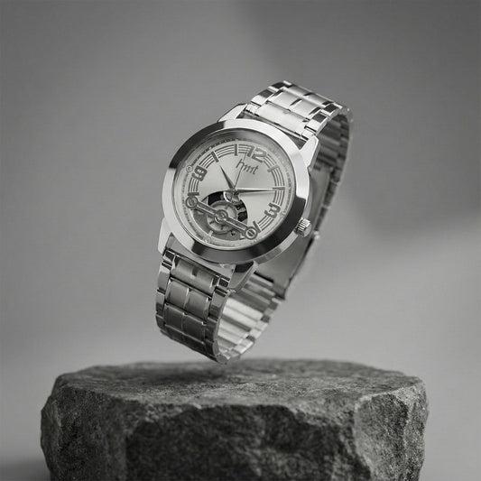 Elegant Analog Wrist Watch with Silver Metal Strap & Open-Heart Dial Design