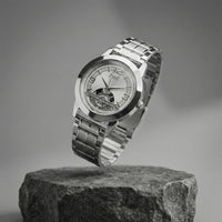 Elegant Analog Wrist Watch with Silver Metal Strap & Open-Heart Dial Design