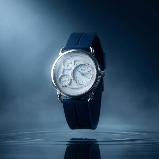 Elegant Analog Watch with Layered White Dial and Blue Magnetic Strap