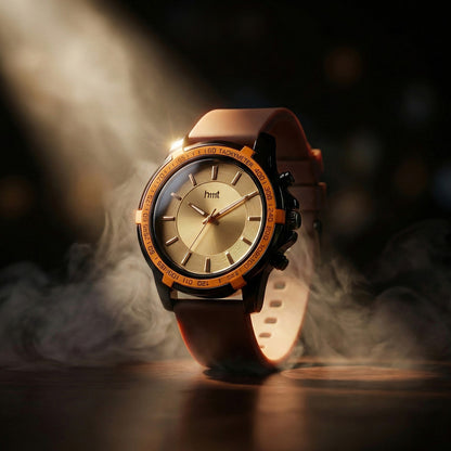 Sporty Analog Wrist Watch with Brown Silicone Strap & Tachymeter Bezel Design