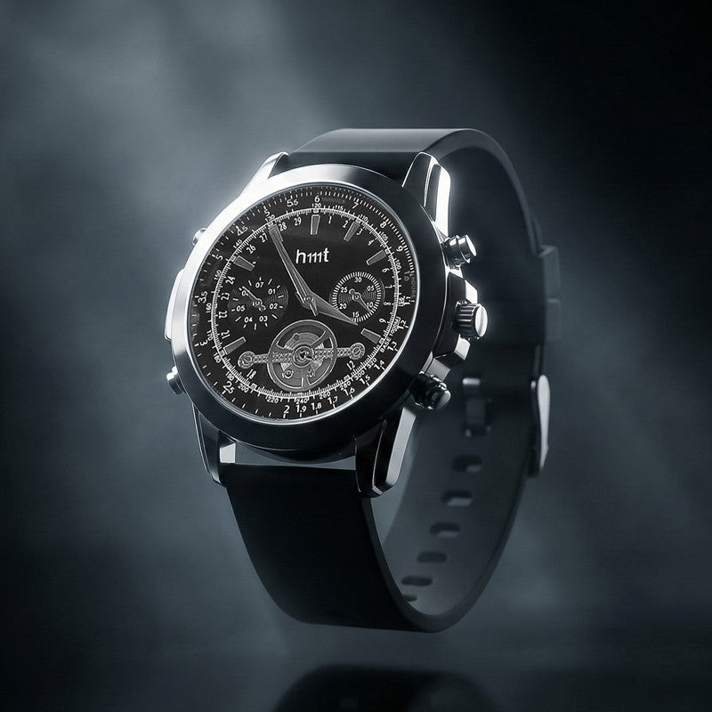 Chronograph-Style Analog Wrist Watch with Multi-Function Black Dial and Black Silicone Strap