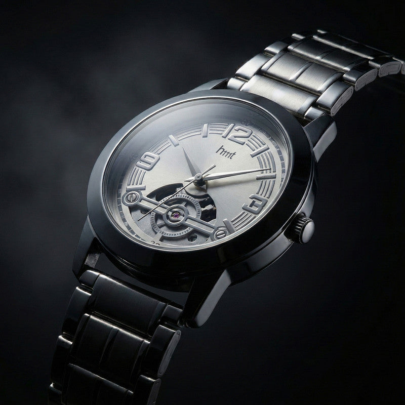 Elegant Analog Wrist Watch with Silver Metal Strap & Open-Heart Dial Design