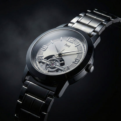 Elegant Analog Wrist Watch with Silver Metal Strap & Open-Heart Dial Design