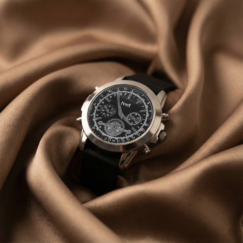 Chronograph-Style Analog Wrist Watch with Multi-Function Black Dial and Black Silicone Strap