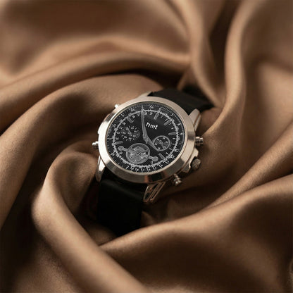 Chronograph-Style Analog Wrist Watch with Multi-Function Black Dial and Black Silicone Strap