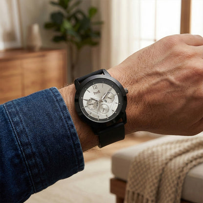 Premium Analog Wrist Watch with Silver Multi-Dial Face and Black Silicone Strap for Daily & Office Wear