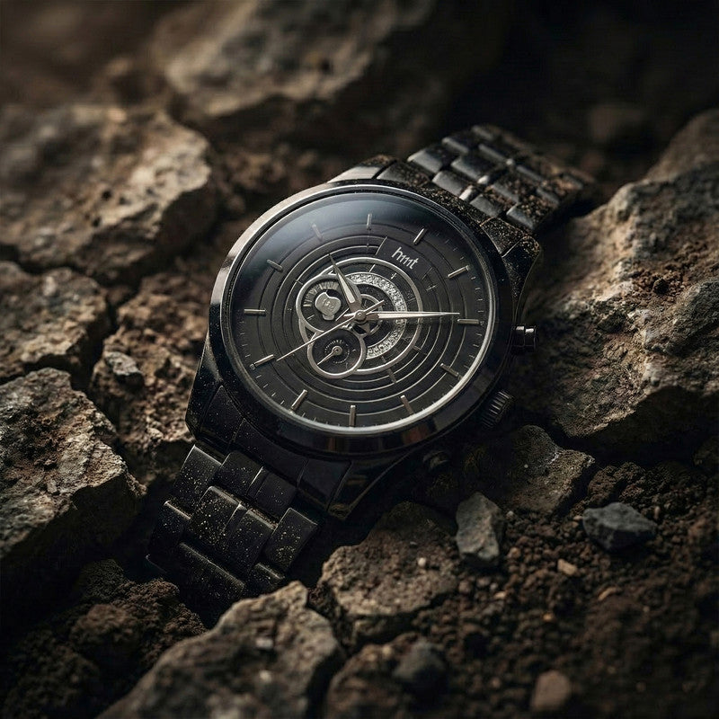 Luxury Analog Wrist Watch with Black Metal Strap & Multi-Layer Skeleton Dial Design