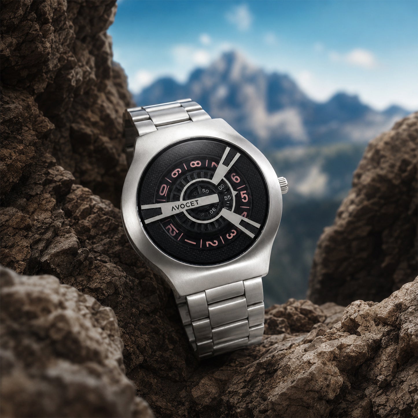 Elegant silver strap watch with bold black dial and numeric markers
