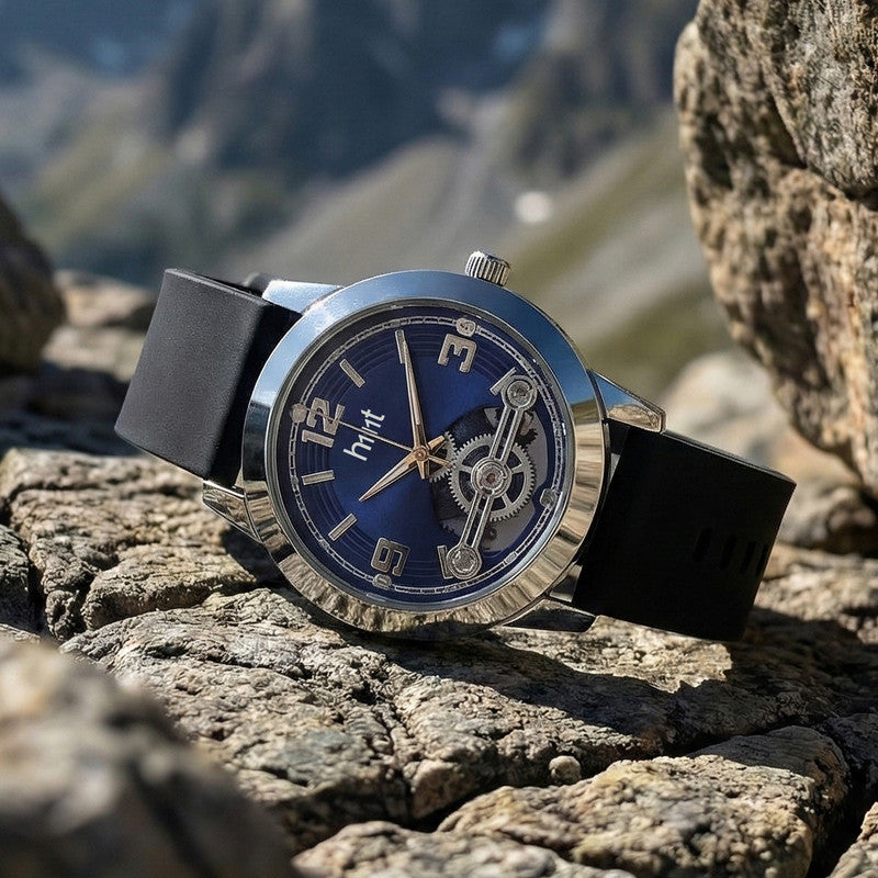 Stylish Analog Wrist Watch with Blue Dial, Black Silicone Strap & Open-Heart Mechanical Design