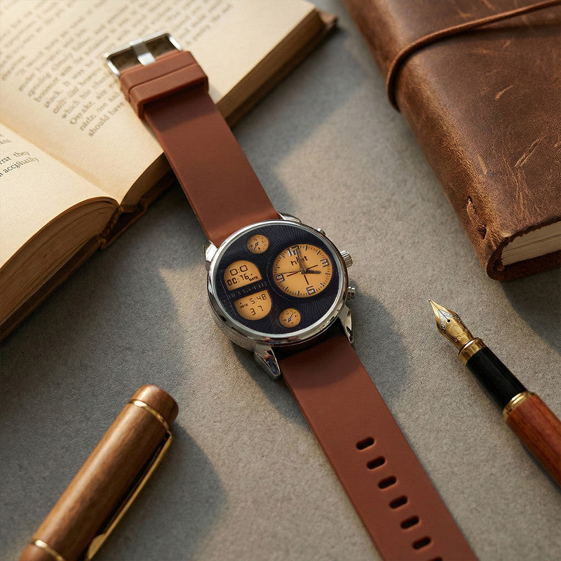 Sporty Analog Chronograph Watch with Multi-Function Dial and Silicone Strap