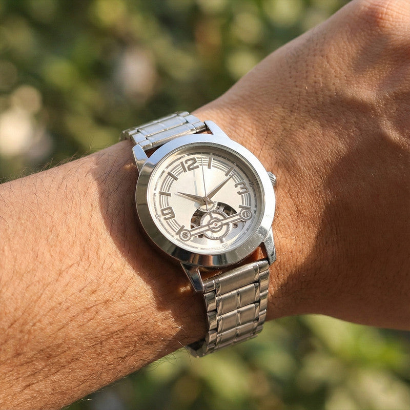 Elegant Analog Wrist Watch with Silver Metal Strap & Open-Heart Dial Design