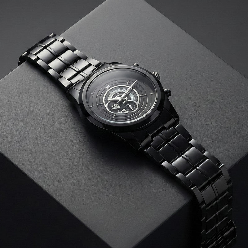 Luxury Analog Wrist Watch with Black Metal Strap & Multi-Layer Skeleton Dial Design