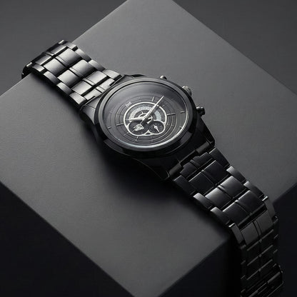 Luxury Analog Wrist Watch with Black Metal Strap & Multi-Layer Skeleton Dial Design