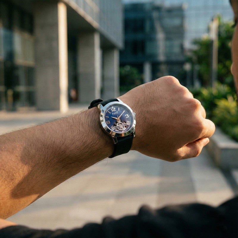 Stylish Analog Wrist Watch with Blue Dial, Black Silicone Strap & Open-Heart Mechanical Design