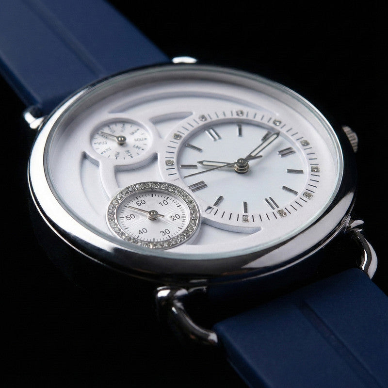 Elegant Analog Watch with Layered White Dial and Blue Magnetic Strap