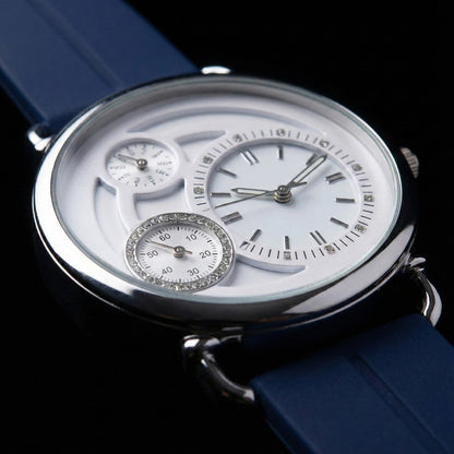 Elegant Analog Watch with Layered White Dial and Blue Magnetic Strap