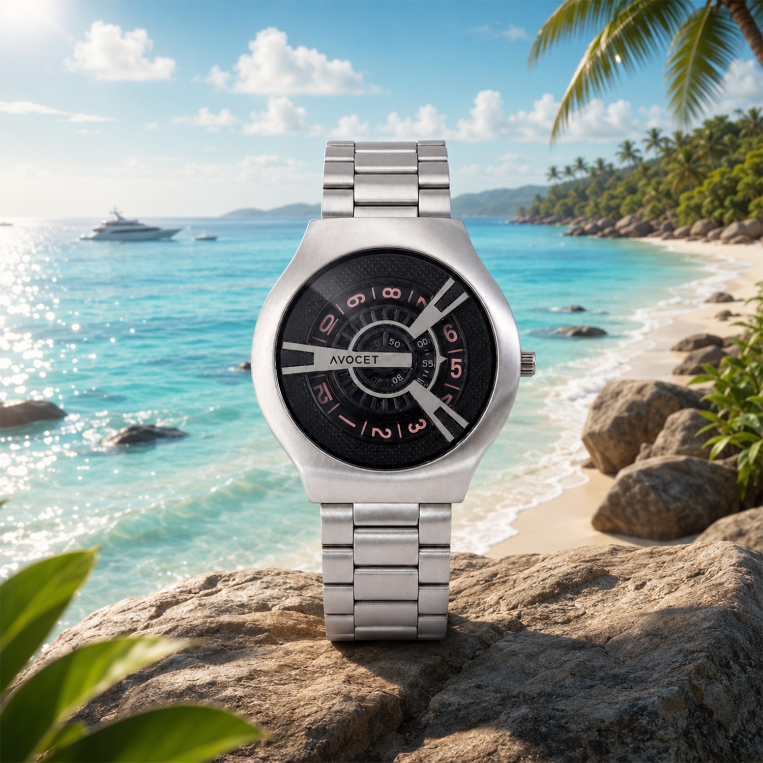 Close-up of silver watch with bold black dial and stylish design