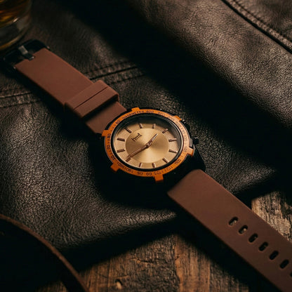 Sporty Analog Wrist Watch with Brown Silicone Strap & Tachymeter Bezel Design