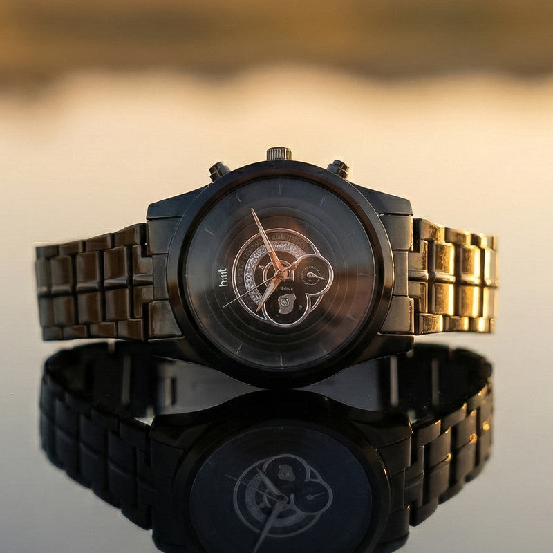 Luxury Analog Wrist Watch with Black Metal Strap & Multi-Layer Skeleton Dial Design