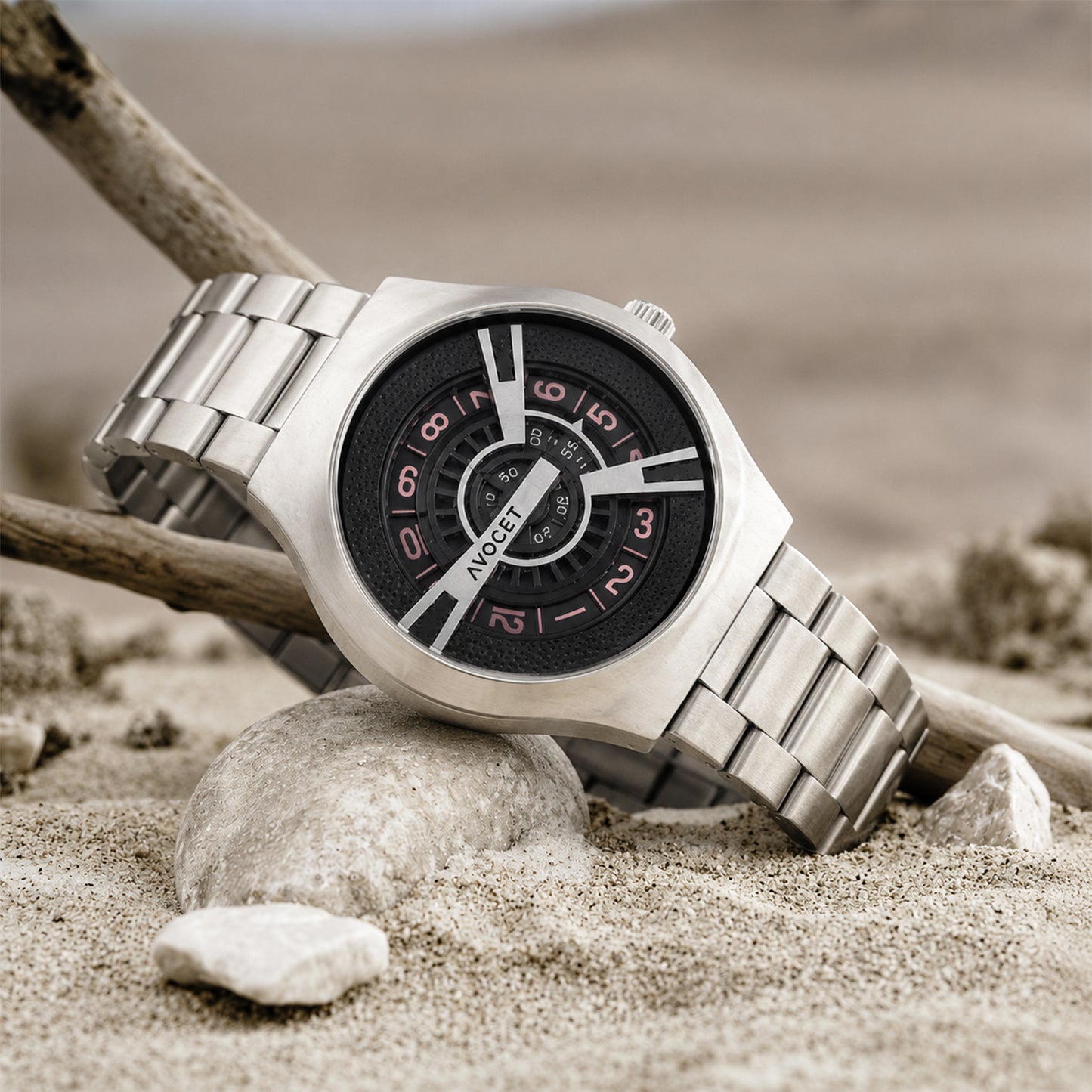 Silver watch with metal strap and bold black dial for men