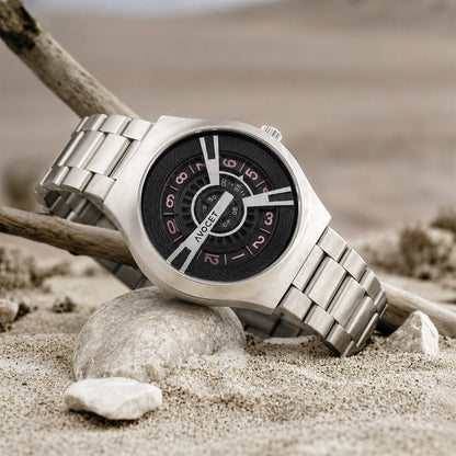 Silver watch with metal strap and bold black dial for men