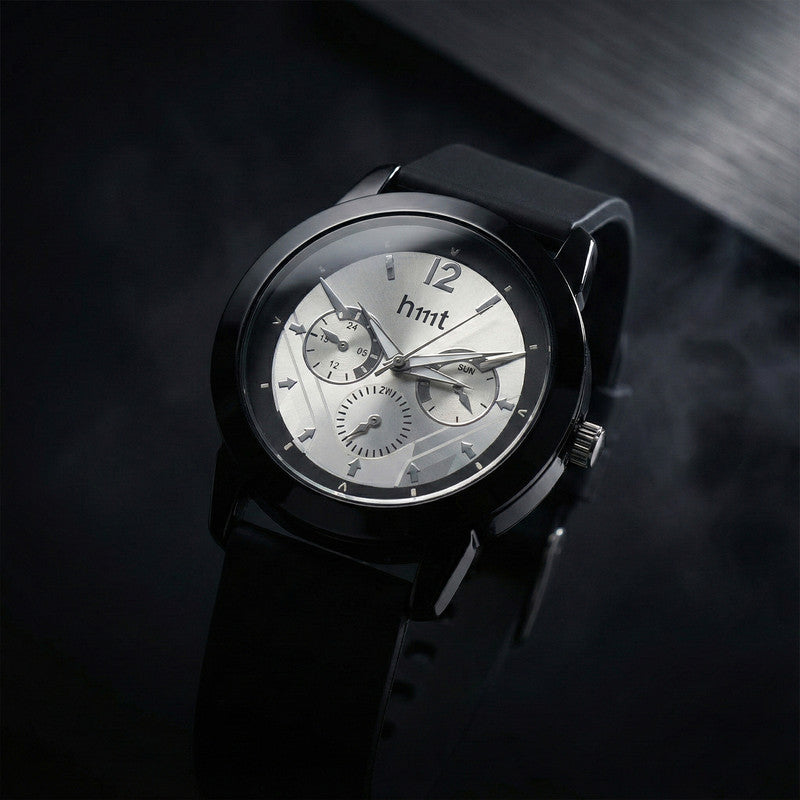 Premium Analog Wrist Watch with Silver Multi-Dial Face and Black Silicone Strap for Daily & Office Wear