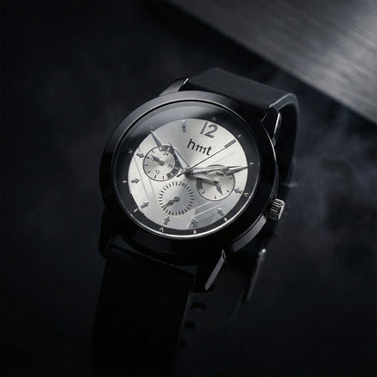 Premium Analog Wrist Watch with Silver Multi-Dial Face and Black Silicone Strap for Daily & Office Wear