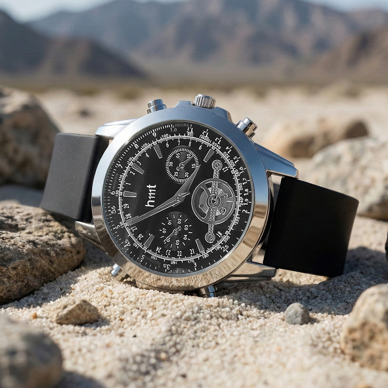 Chronograph-Style Analog Wrist Watch with Multi-Function Black Dial and Black Silicone Strap