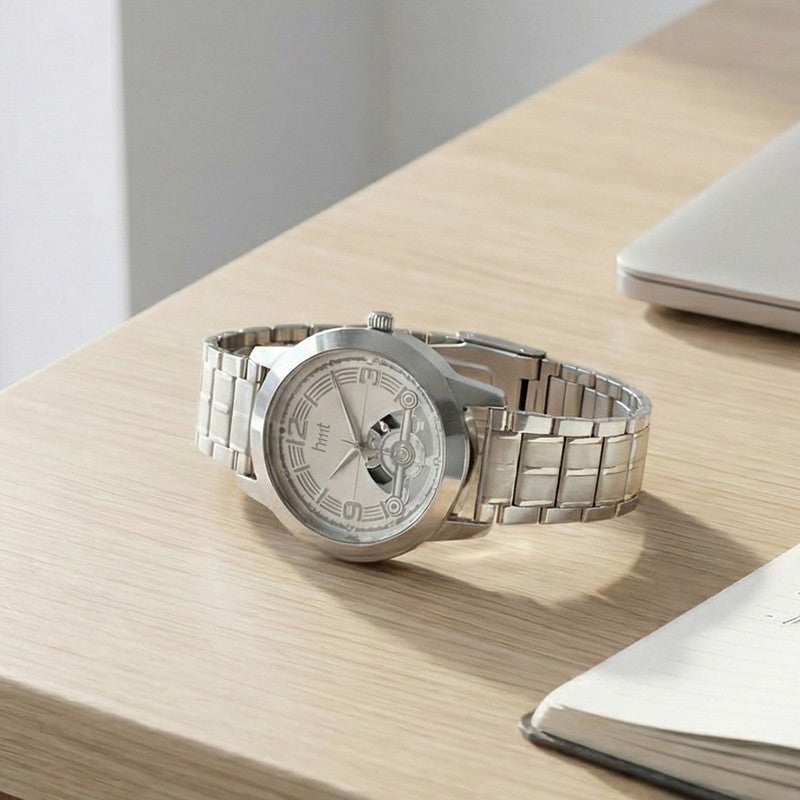Elegant Analog Wrist Watch with Silver Metal Strap & Open-Heart Dial Design
